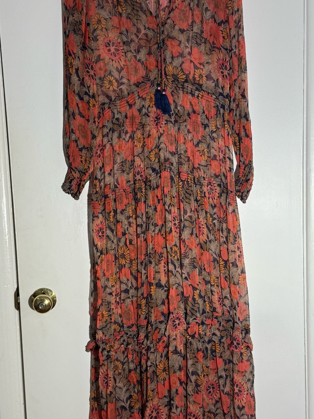 Anthropologie The Marais Printed Chiffon Maxi Dress in Red M Petite Boho Tiered - Picture 3 of 12
